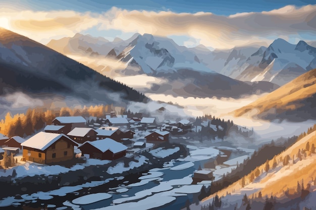 Vector a breathtaking sunrise over a remote village in the russian far east