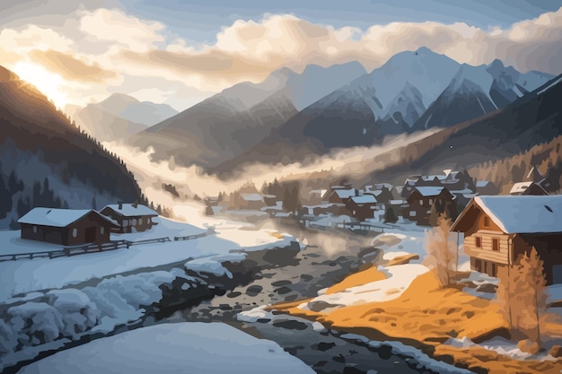 Vector a breathtaking sunrise over a remote village in the russian far east