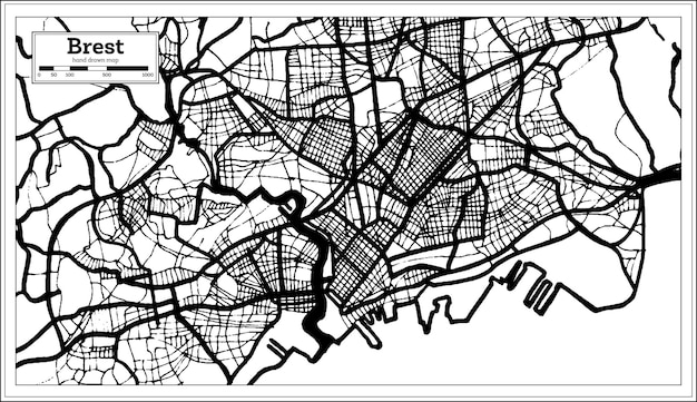 Brest France City Map in Black and White Color in Retro Style Outline Map