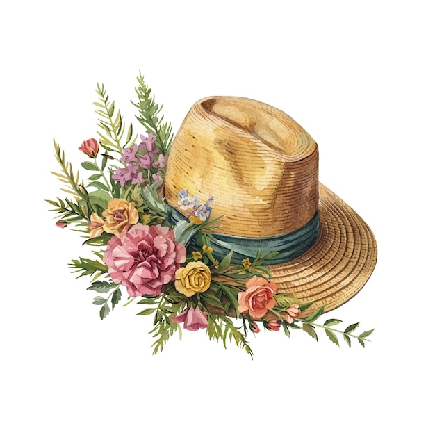 Vector breton hat and flowers vector illustration in watercolor style