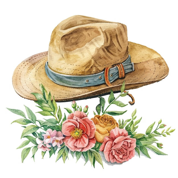 breton hat and flowers vector illustration in watercolor style