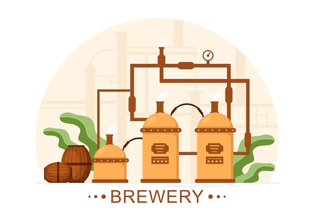 Vector brewery production process with beer tank and bottle full of alcohol drink in flat illustration