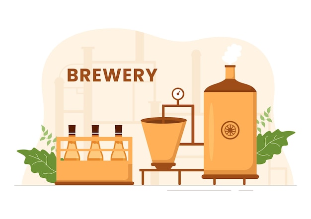 Vector brewery production process with beer tank and bottle full of alcohol drink in flat illustration