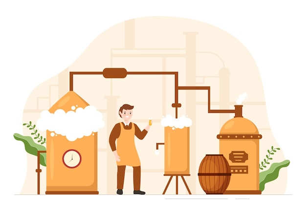 Brewery Production Process with Beer Tank and Bottle Full of Alcohol Drink in Flat Illustration