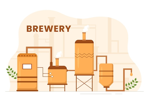 Vector brewery production process with beer tank and bottle full of alcohol drink in flat illustration