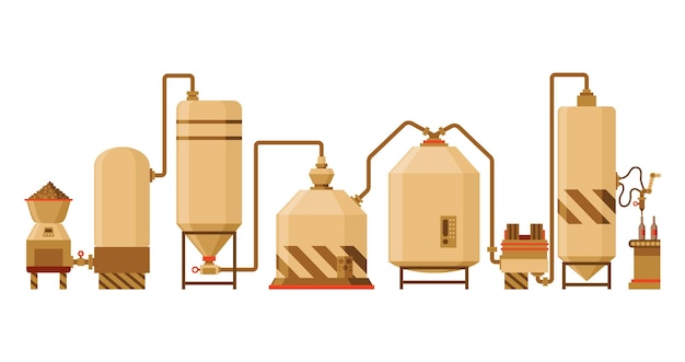 Vector brewery vintage brewing machine concept with tubes and copper tanks beer making process equipment