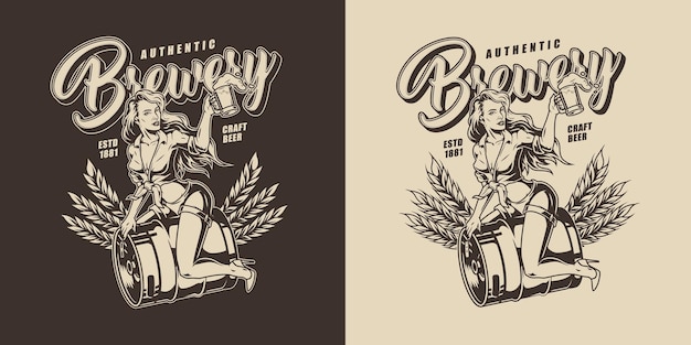 Brewing vintage label with pretty lady holding cup of foamy drink and sitting on metal keg of beer on light and dark