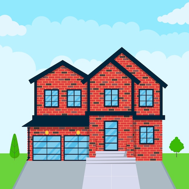 Brick house exterior flat style design vector illustration with roof, windows and shadows.