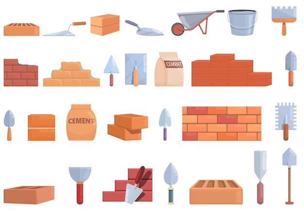 Brick and mortar icons set cartoon vector. Brick construction. Stone drywall