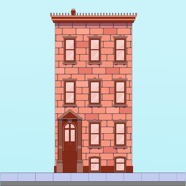 Vector brick multi-storey house against the blue sky, vector illustration, the color of the building is red