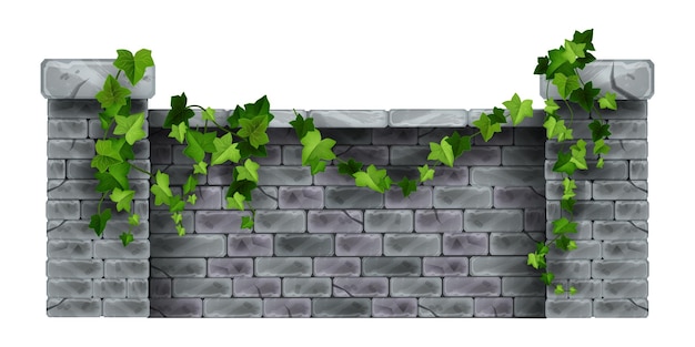 Vector brick stone fence vector illustration house garden columns ivy leaf creeper plant facade street