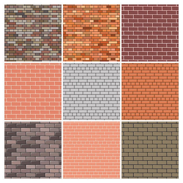 Brick wall. Set of nine red and grey brick wall backgrounds. Vector illustration