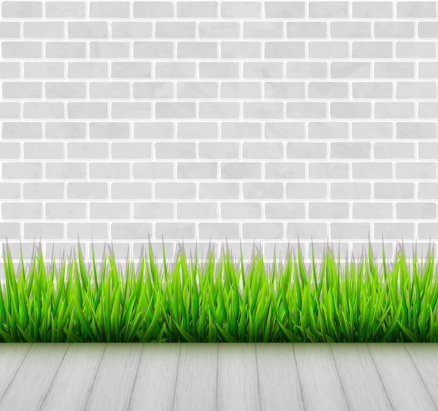 Vector brick wall with green grass and wooden floor vector background