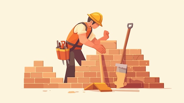 Vector bricklayer at workplace man builds wall