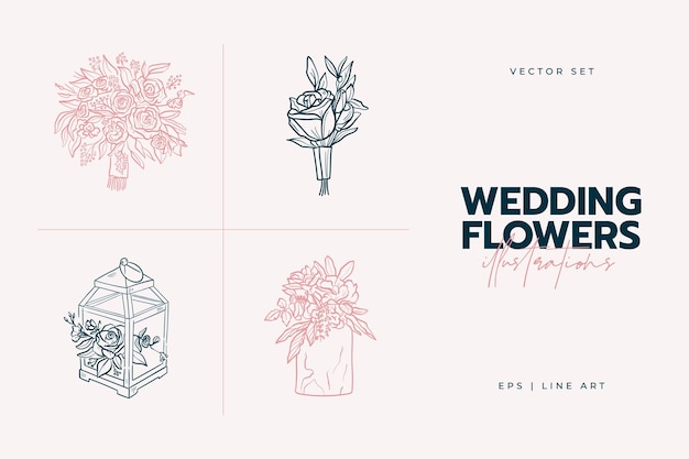 Bridal bouquet. Wedding decor trending illustration. Linear art.