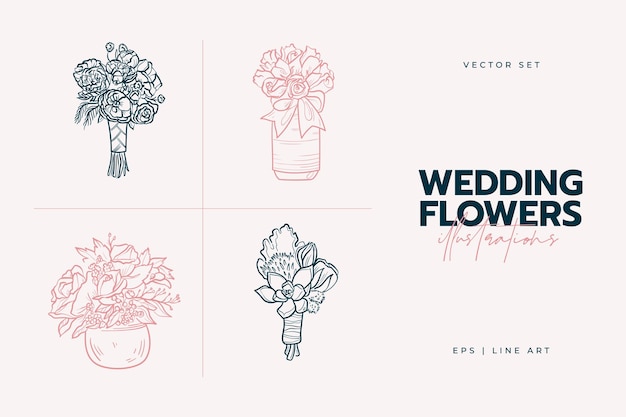 Bridal bouquet. Wedding decor trending illustration. Linear art.