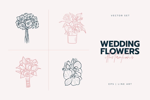 Bridal bouquet. Wedding decor trending illustration. Linear art.