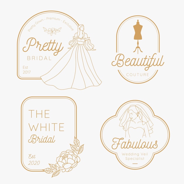 bridal shop logos in simple luxury design with gown dress veil for wedding shop or boutique template