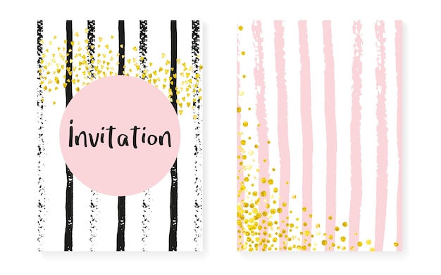 Bridal shower card with dots and sequins. Wedding invitation set with gold glitter confetti. Vertical stripes background. Retro bridal shower card for party, event, save the date flyer.