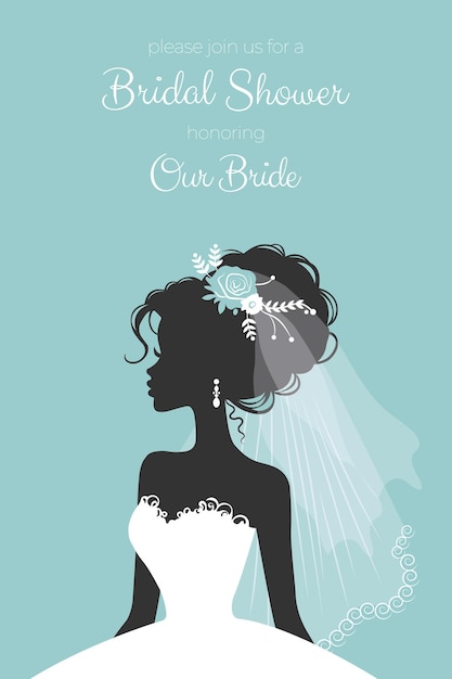 Bridal shower invitation card with beautiful bride silhouette vector