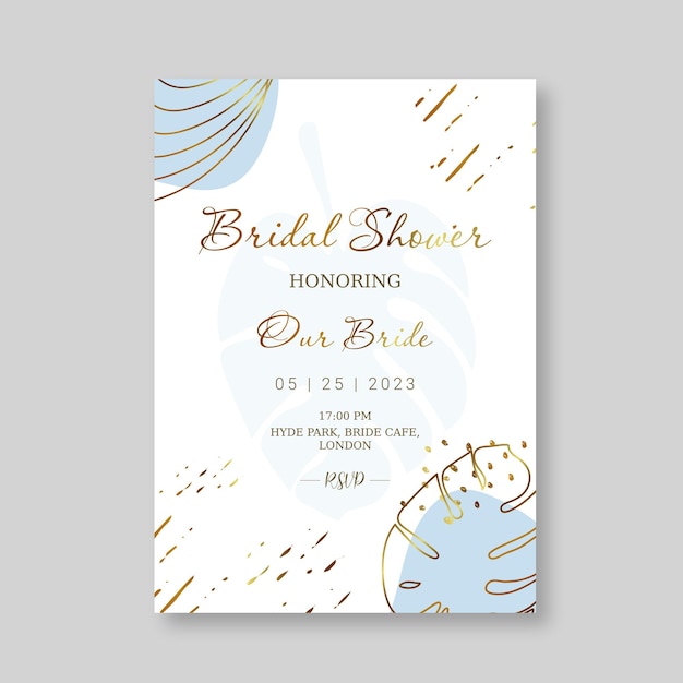 Bridal Shower invitation postcard, abstract golden art background, botanical palm leaves