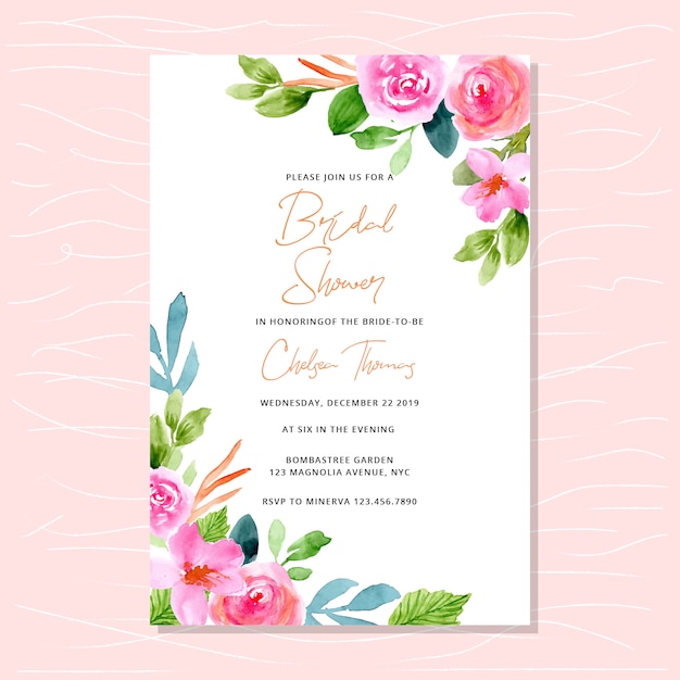 bridal shower invitation with pink watercolor floral edges