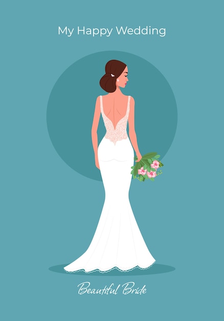 Bride in a beautiful dress with a bouquet of greeting card Wedding invitation Vector illustration