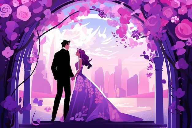 Bride and Groom Under an Arch Illustration