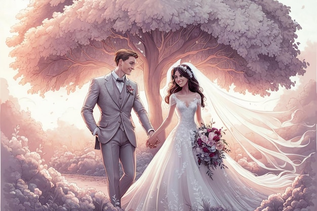 a bride and groom are holding hands and a tree with the words quot bride quot on it