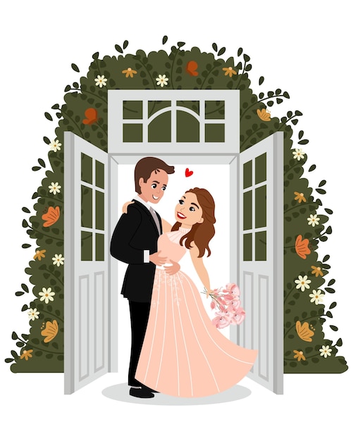 The bride and groom on the background of open doors with flowers, happy newlyweds. Family concept.