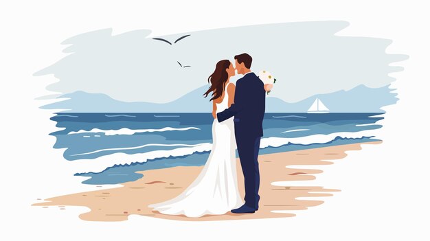 Vector bride and groom on the beach flat vector isolated illustration