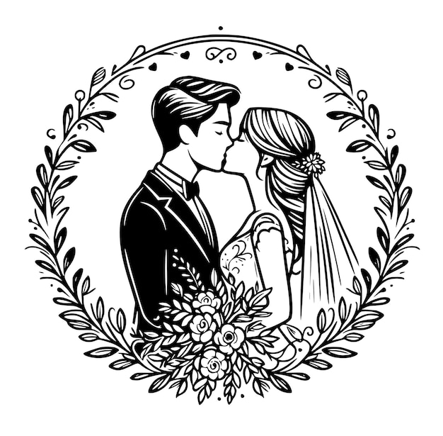 bride and groom in a circle floral frame art