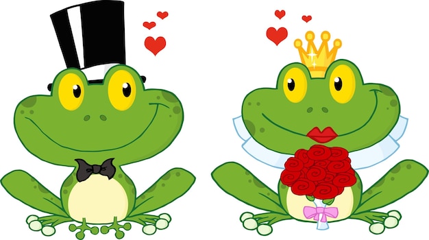 Bride and Groom Frogs Cartoon Characters On A Leafs