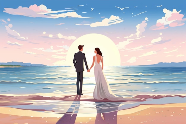 Bride and Groom Standing Near the Ocean