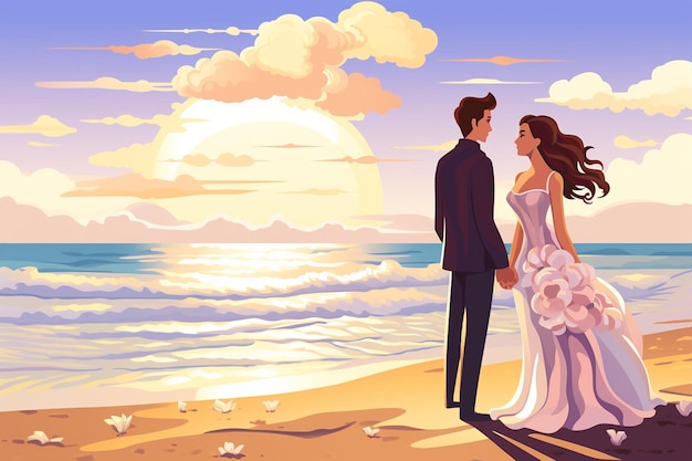 Bride and Groom Standing Near the Ocean