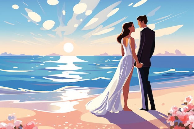 Bride and Groom Standing Near the Ocean