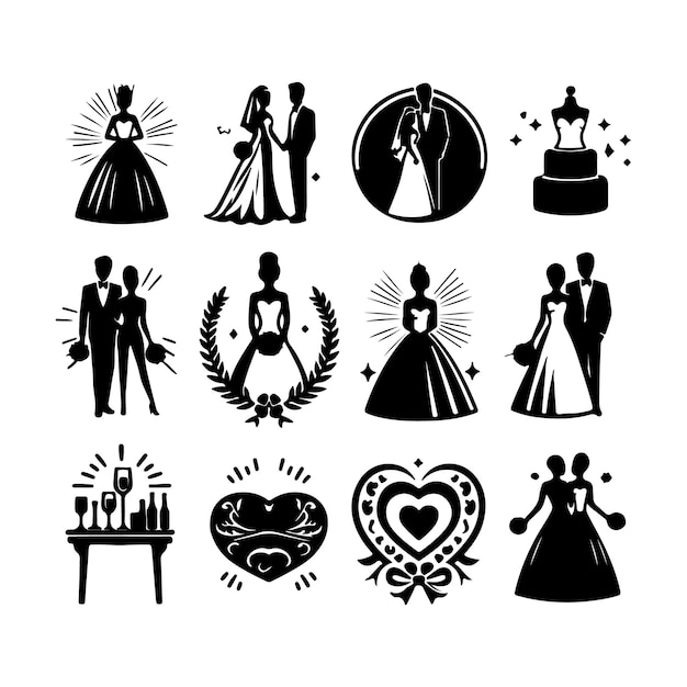 bride amp groom unique floral half moon love black vector silhouette bride groom unique design icons