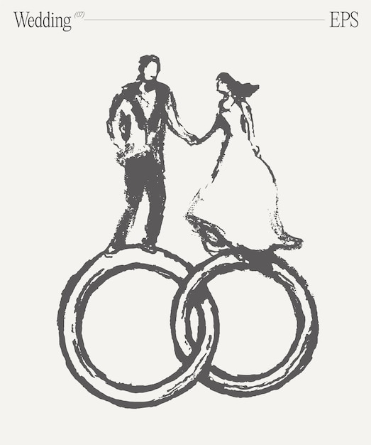 Bride and groom on wedding bands conceptual hand drawn vector illustration sketch