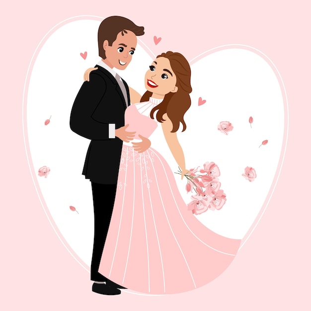 Bride and groom with a bouquet of flowers, happy newlyweds. Family concept. Illustration, wedding