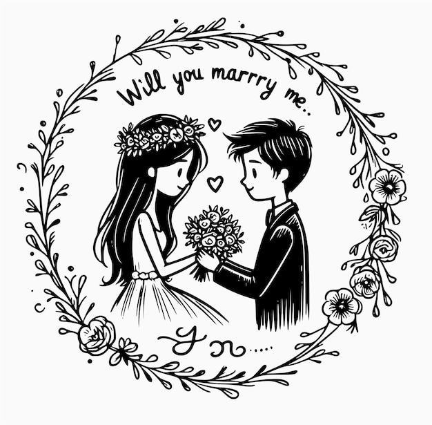 bride and groom with the words will you marry me wedding purposal design with floral frames