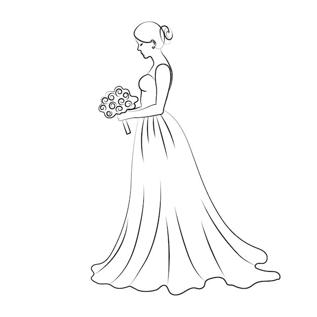 Bride in a wedding dress with a bouquet of flowers on a white background Line art sketch contour