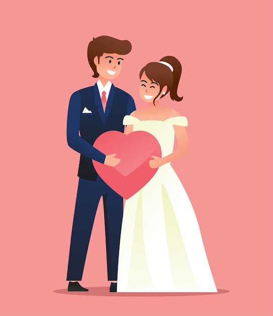 Bride in white dress and Groom in suit Couple wedding vector illustration