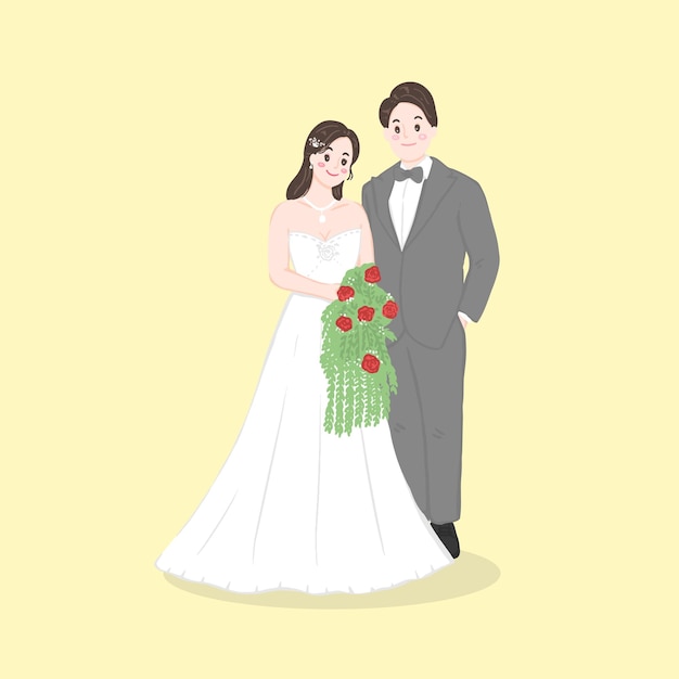 Bride in white dress and Groom suit holding flower wedding ceremony invitation card vector couple characters on soft yellow background