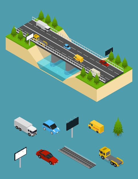 Bridge Highway over River and Elements Part Isometric View Vector