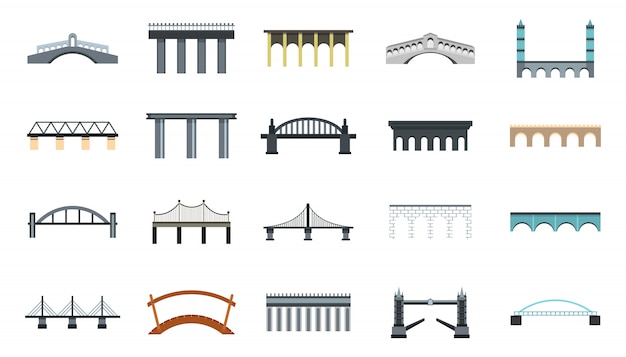 Bridge icon set. Flat set of bridge vector icons collection isolated