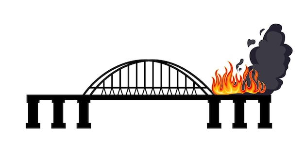 The bridge is on fire Fire and clouds of smoke Black silhouette of a bridge with an arch Flat simple illustration