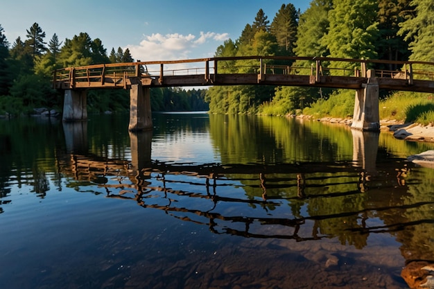 Vector a bridge in the middle of a lake with a reflection of trees in the water