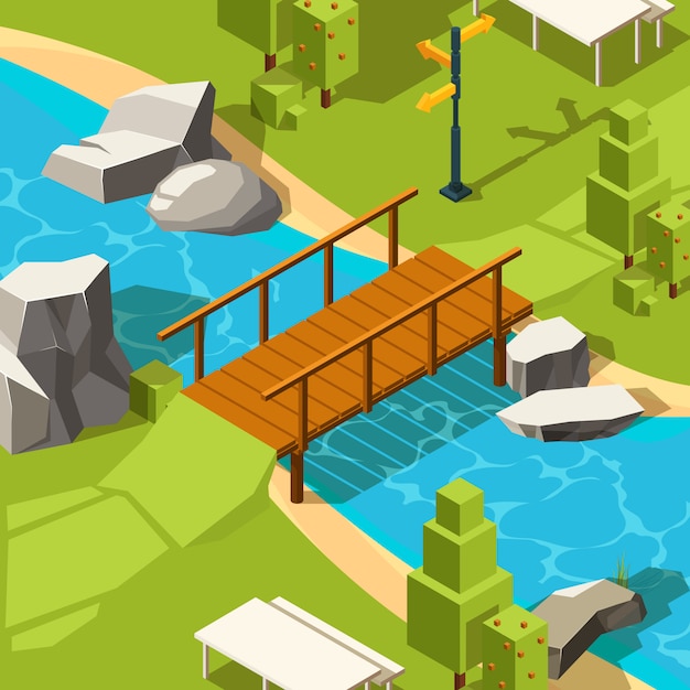 Bridge in park. Water river beautiful place with bridge in grass park for walking isometric