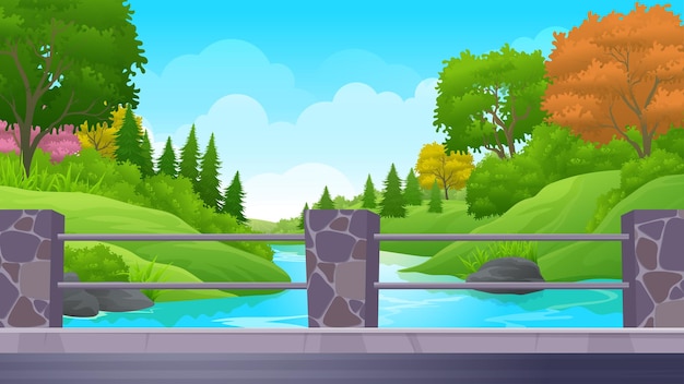 Bridge over the river with stone fence and beautiful natural scenery cartoon landscape