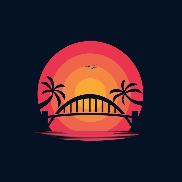 Bridge silhouette in the sunset logo design